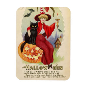Vintage Halloween-Hexe und Schwarze Katze Magnet