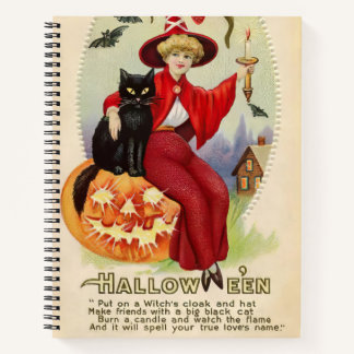 Vintage Halloween-Hexe und Schwarze Katze Notizblock