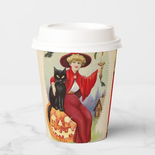 Vintage Halloween-Hexe und Schwarze Katze Pappbecher (Vorderseite)