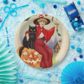 Vintage Halloween-Hexe und Schwarze Katze Pappteller (Party)