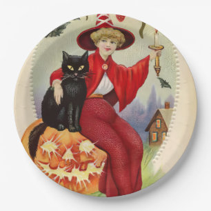 Vintage Halloween-Hexe und Schwarze Katze Pappteller