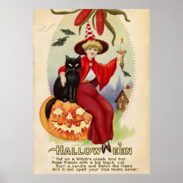 Vintage Halloween-Hexe und Schwarze Katze Poster