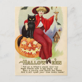 Vintage Halloween-Hexe und Schwarze Katze Postkarte
