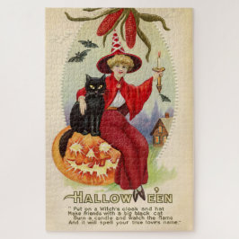 Vintage Halloween-Hexe und Schwarze Katze Puzzle