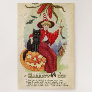 Vintage Halloween-Hexe und Schwarze Katze Puzzle