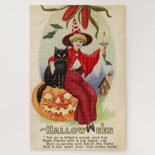 Vintage Halloween-Hexe und Schwarze Katze Puzzle