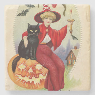 Vintage Halloween-Hexe und Schwarze Katze Steinuntersetzer