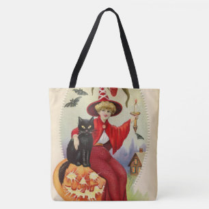 Vintage Halloween-Hexe und Schwarze Katze Tasche