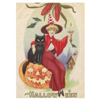 Vintage Halloween-Hexe und Schwarze Katze Tischdecke