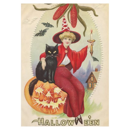 Vintage Halloween-Hexe und Schwarze Katze Tischdecke (Vorderseite)