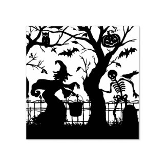 Vintage Halloween Hexe und Skelett Gummistempel