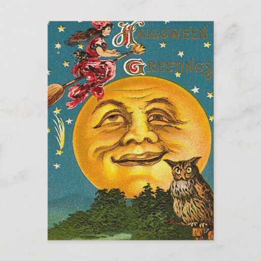 Vintage Halloween-Hexe und Vollmond Postkarte (Vorderseite)