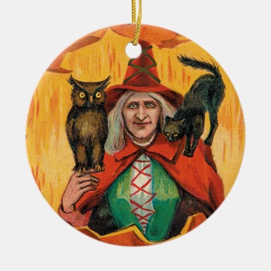 Vintage Halloween-Hexe Zauberbotschaft Keramik Ornament (Vorne)