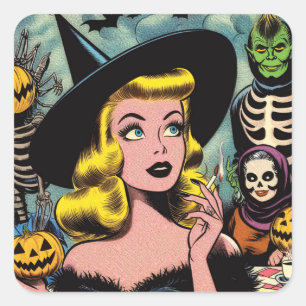 Vintage-Halloween-Hexen-Comics Quadratischer Aufkleber