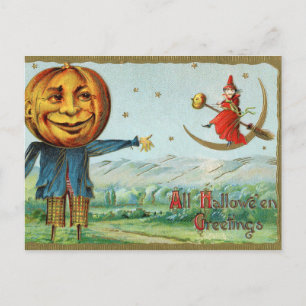 Vintage-Halloween-Hexen-Kürbis-Vogelscheuche-Postk Feiertagspostkarte