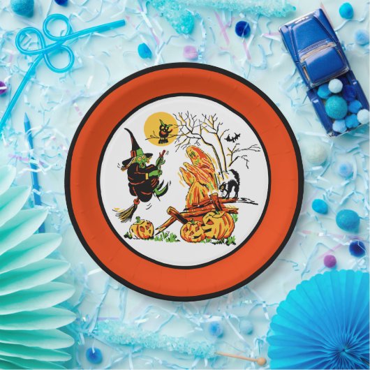 Vintage Halloween-Hexen- und Geisterpapierplatte Pappteller (Party)