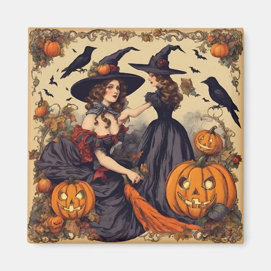 Vintage Halloween Hexen und Jack-O' Lantern Magnet (Vorne)