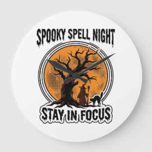 Vintage-Halloween-Hexenbaum und Grafik einer schwa Große Wanduhr