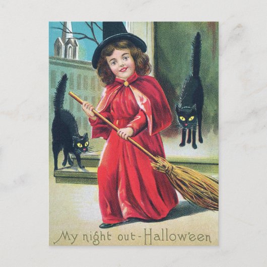 Vintage Halloween-Hexenkatze Feiertagspostkarte (Vorderseite)