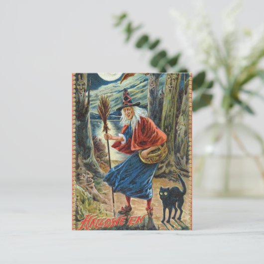 Vintage Halloween-Hexenkatze Postkarte (Stehend Vorderseite)
