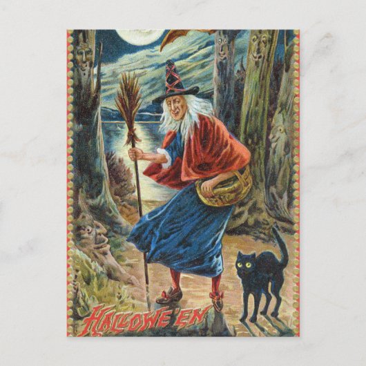 Vintage Halloween-Hexenkatze Postkarte (Vorderseite)
