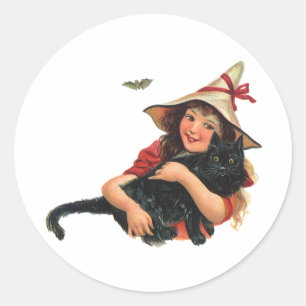 Vintage Halloween, Hexenmädchen mit schwarzer Katz Runder Aufkleber