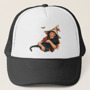 Vintage Halloween, Hexenmädchen mit schwarzer Katz Truckerkappe
