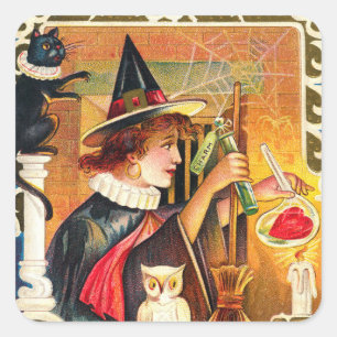 Vintage Halloween-Holiday-Hexe Quadratischer Aufkleber