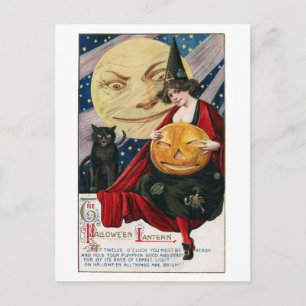 Vintage Halloween-Hübsche Hexe und Mann im Mond Postkarte