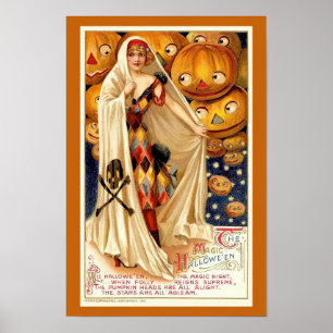 Vintage-Halloween-Illustration Hexe Kürbisse Poster