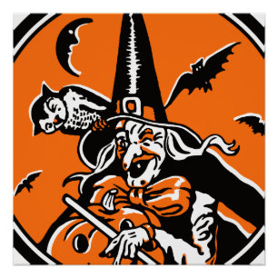 Vintage-Halloween-Illustration von Hexe und Eule Poster