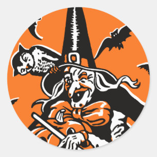 Vintage-Halloween-Illustration von Hexe und Eule Runder Aufkleber