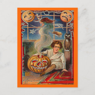 Vintage Halloween Jack-0-Lantern und Junge Postkarte