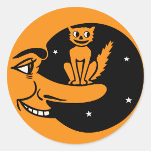 Vintage Halloween - Katze im Mond Runder Aufkleber