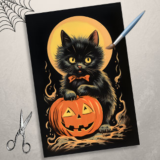 Vintage Halloween-Katze mit Pumpkin-Dekoupage Seidenpapier
