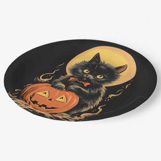 Vintage Halloween-Katze mit Pumpkin Pappteller (Schrägansicht)