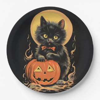 Vintage Halloween-Katze mit Pumpkin Pappteller