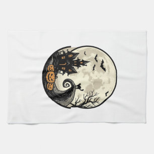 Vintage-Halloween-Katze-Mond-Spukhaus-Vektor De Geschirrtuch