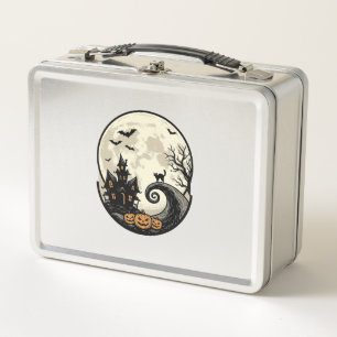 Vintage-Halloween-Katze-Mond-Spukhaus-Vektor De Metall Brotdose