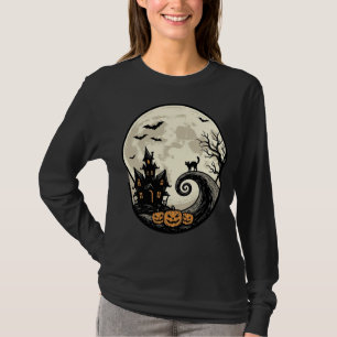 Vintage-Halloween-Katze-Mond-Spukhaus-Vektor De T-Shirt