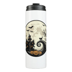 Vintage-Halloween-Katze-Mond-Spukhaus-Vektor De Thermosbecher