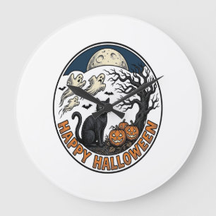 Vintage-Halloween-Katze-Mondlicht-Geist-Abzeichen_ Große Wanduhr