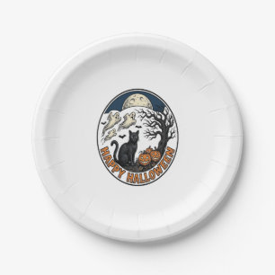 Vintage-Halloween-Katze-Mondlicht-Geist-Abzeichen_ Pappteller