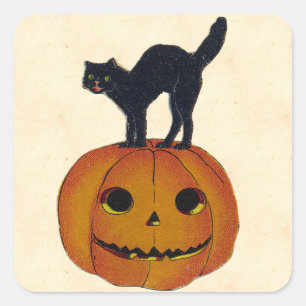 Vintage Halloween-Katze Quadratischer Aufkleber