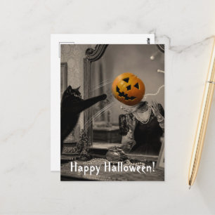 Vintage-Halloween-Katze schlägt Jackolantern-Kopf Postkarte