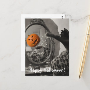 Vintage-Halloween-Katze schlägt Jackolantern-Kopf Postkarte