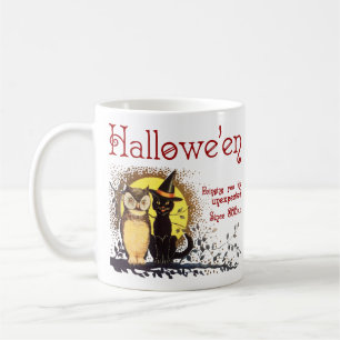 Vintage Halloween-Katze und Eulen-Kaffee-Tasse Kaffeetasse
