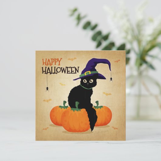 Vintage Halloween-Katzen und Kürbis| Einladung (Stehend Vorderseite)