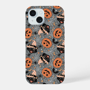 Vintage Halloween-Katzen und Kürbismuster iPhone 15 Hülle