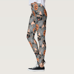 Vintage Halloween-Katzen und Kürbismuster Leggings